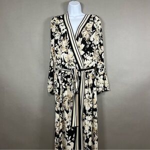Lane Bryant Black Beige Floral Wrap 3/4 Sleeve Midi Dress